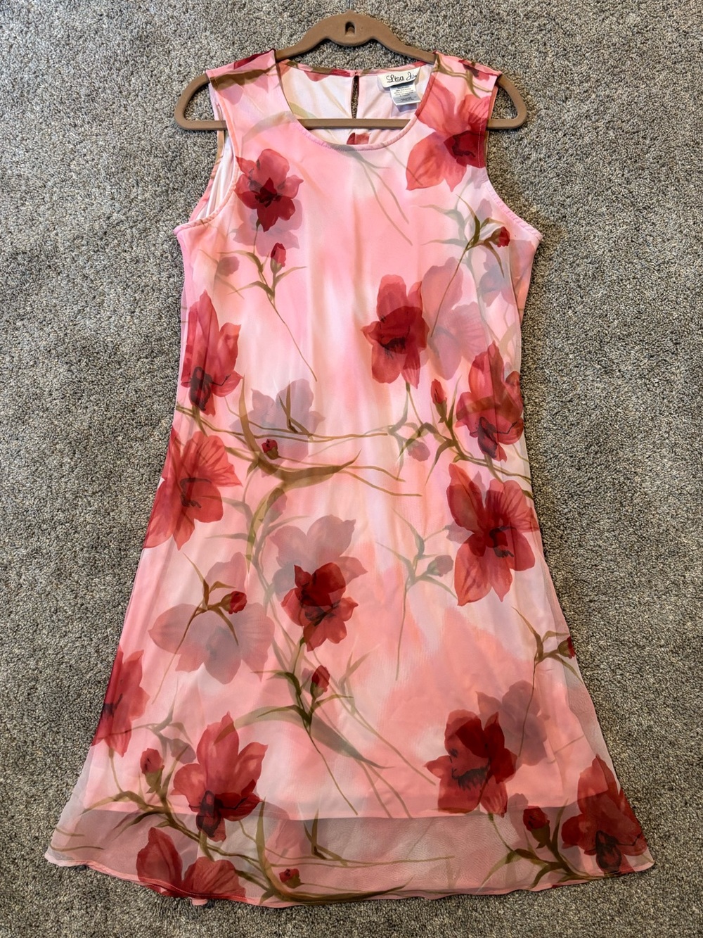 Lisa Jo Vintage Pink Floral Chiffon Shift Dress Sleeveless Size 17/18 Summer